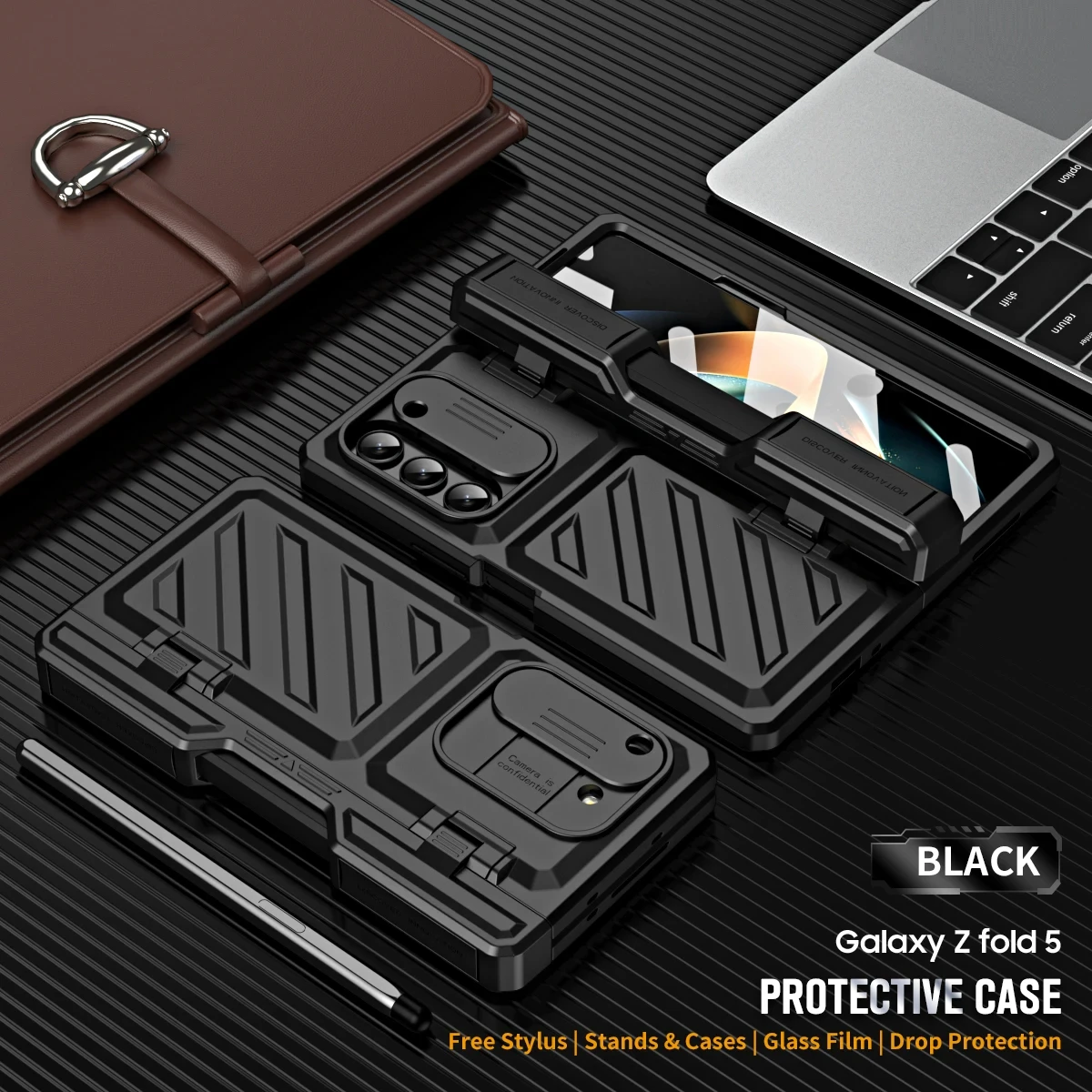 Hard Armor Case met standaard Schermfilm voor Samsung Galaxy Z Fold 6 5-voudig 4 5G Scharnierbescherming Glijdende cameratas met S Pen