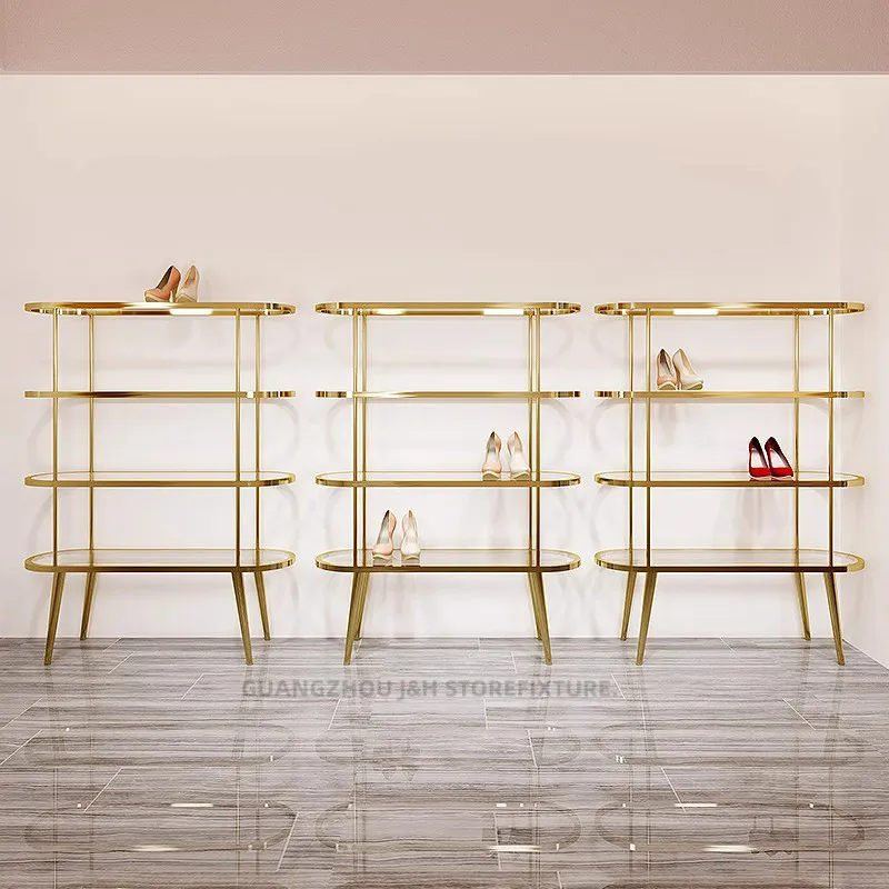 Rak Sepatu Akrilik Furnitur Komersial Rak Toko Sepatu Rak Display Rak Lantai Tas Tangan Cermin Emas Stainless Steel