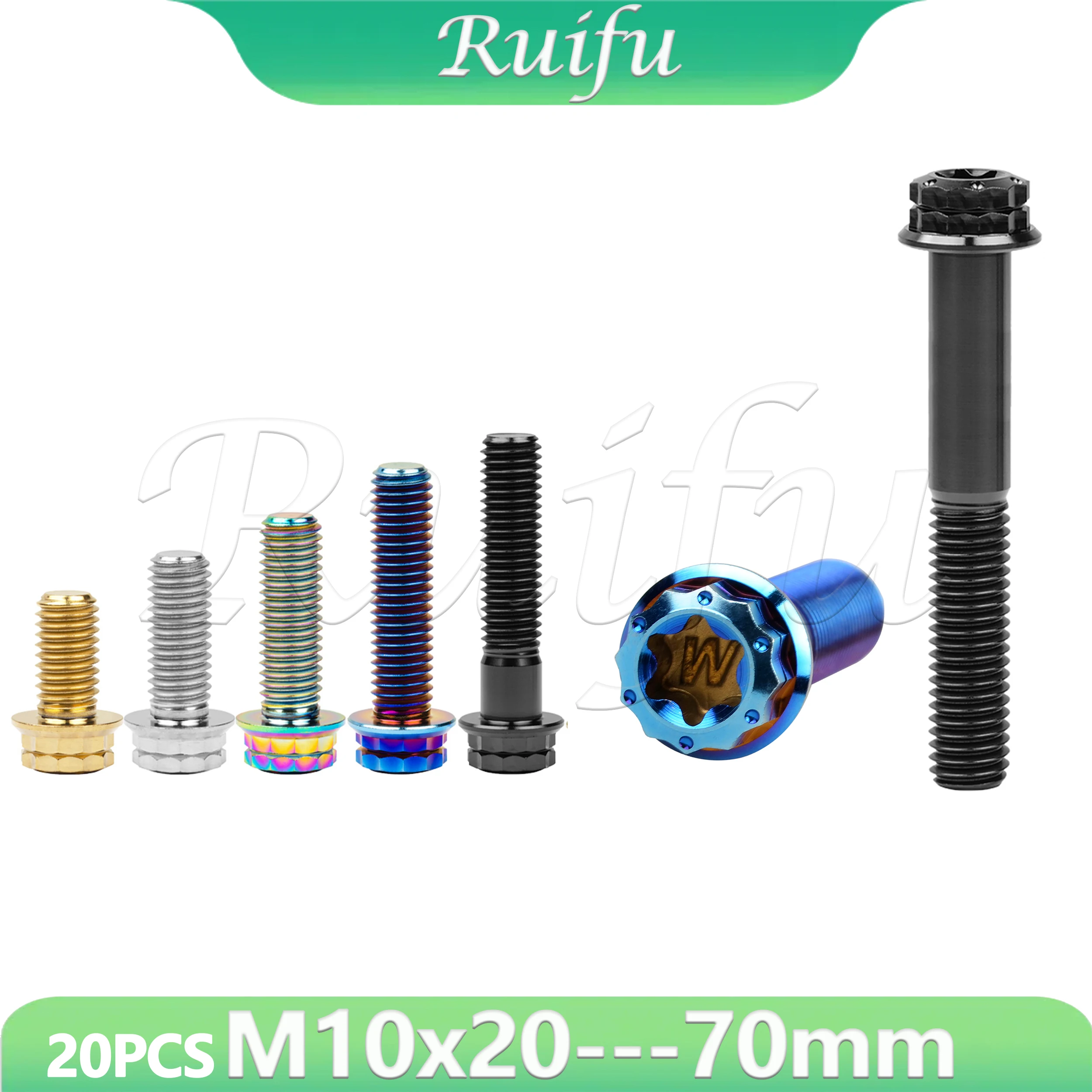ruifu-titanium-bolt-20pcs-m10x20~70mm-pitch125-15mm-flange-12-points-t50-torx-head-screws