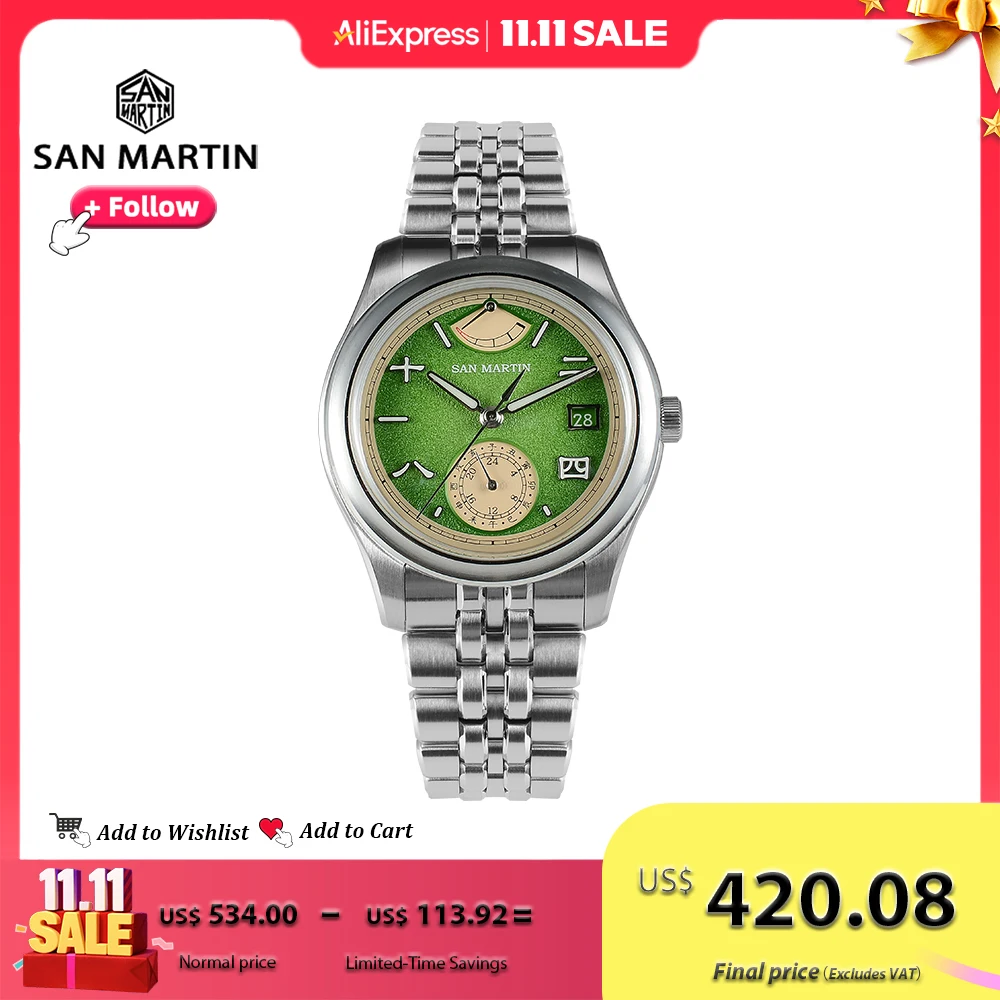 

San Martin New 39mm Men Watch Miyota 9132 Power Reserve Display Original Design Mechanical Watches Waterproof Luminous SN0144