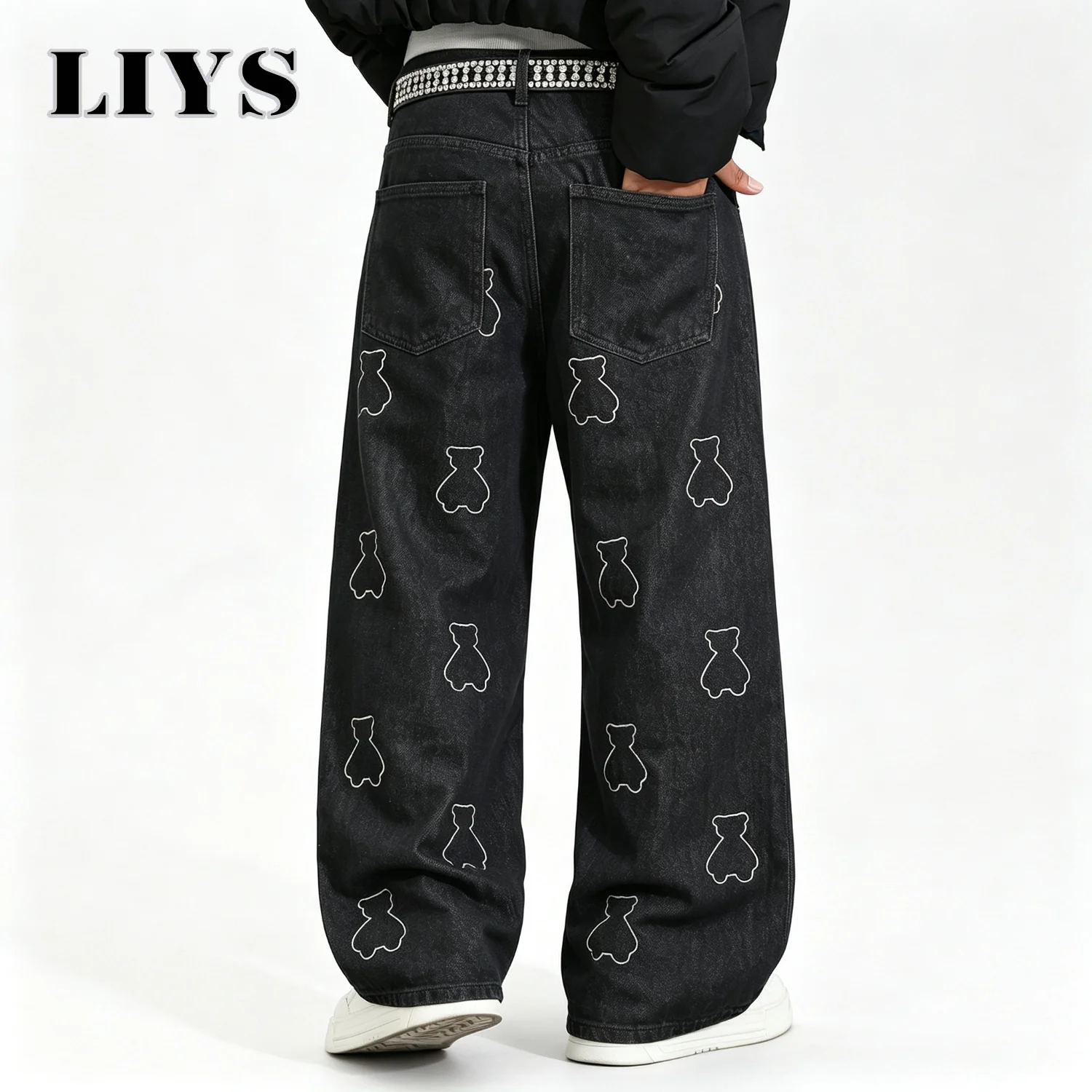 Men's Baggy Jeans Black Washed little Bear pattern Wide Leg Denim Pants Streetwear Y2K Hip Hop Loose Vintage Casual Trousers