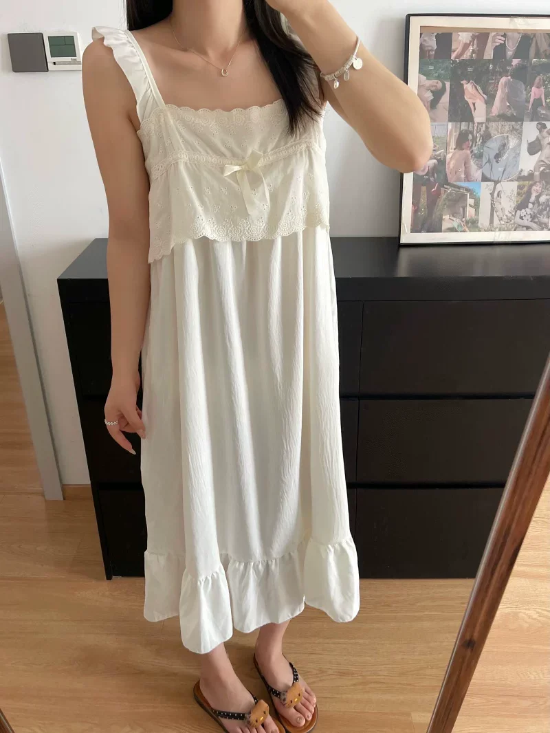 

Cloud Cotton Nightgown Comfortable Home Dress with Lace Knot Summer Season Mid-Length Sleep Dress Square Collar