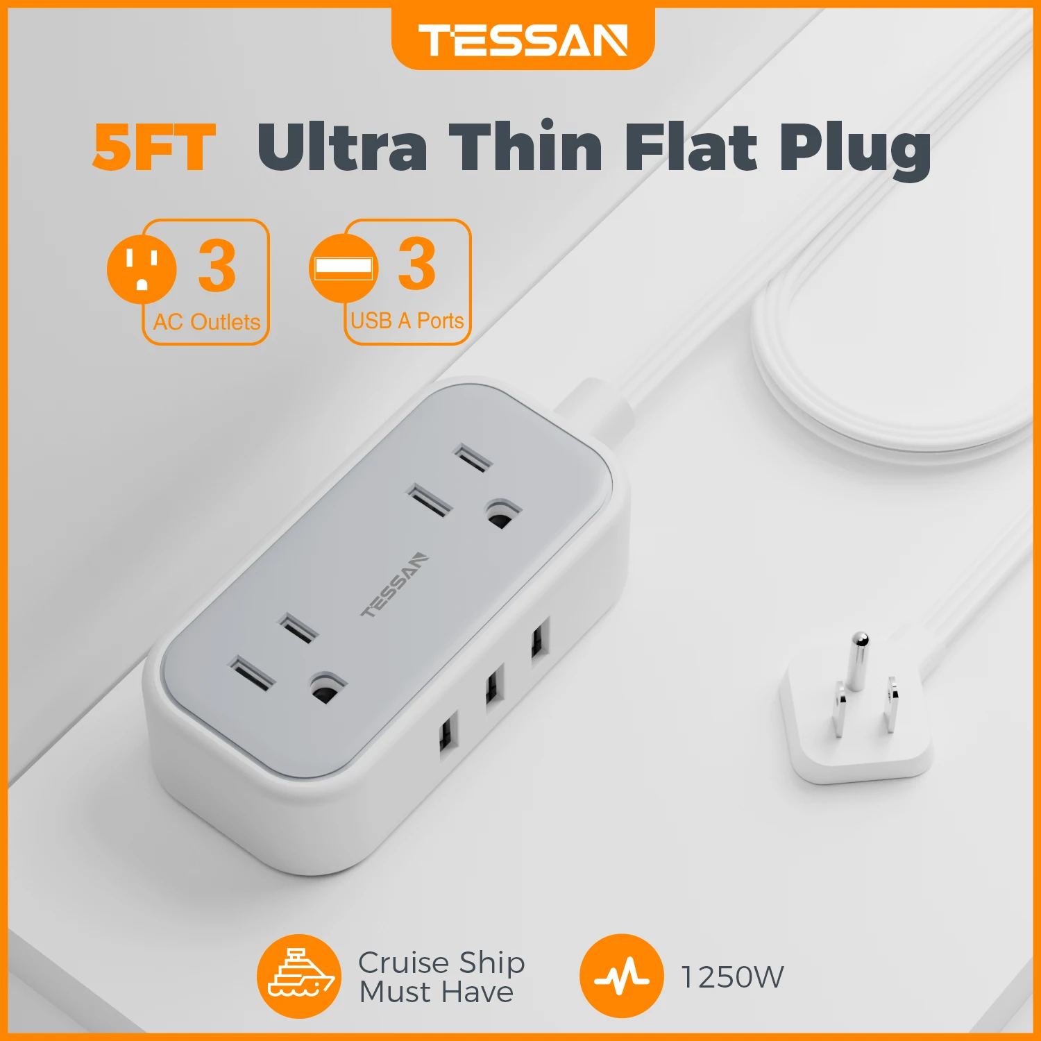 TESSAN Ultra Thin Flat Plug Power Strip with 2 AC Outlets & 3 USB Ports, Multi Outlet Power Strip with Extension Cable for Home