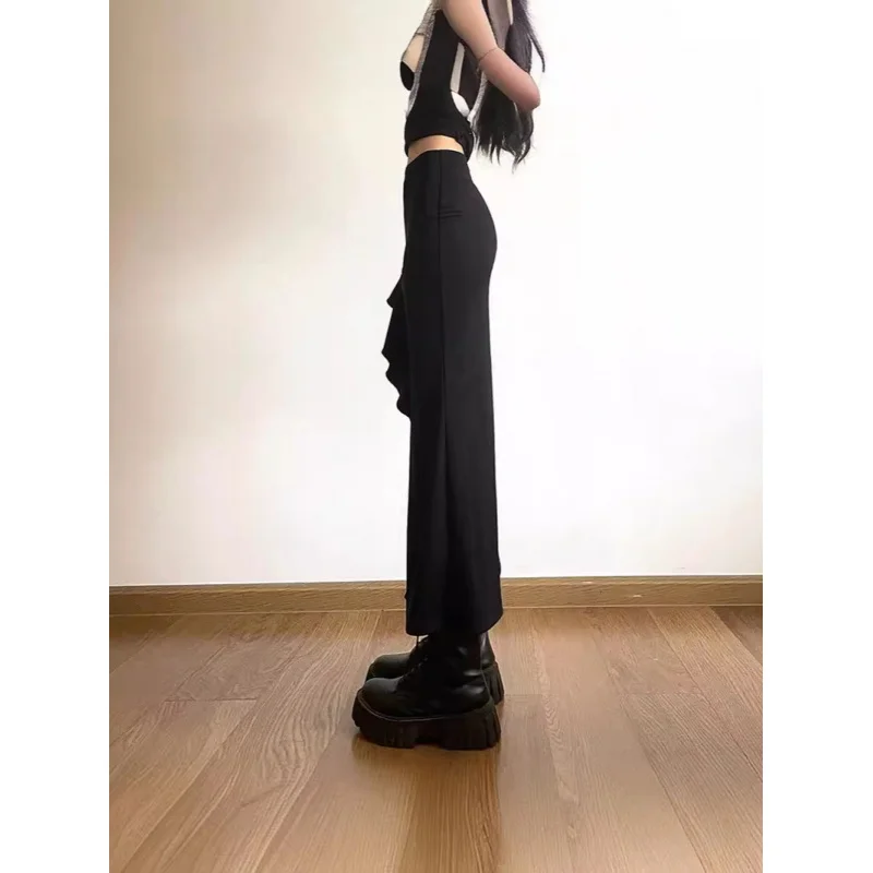 European and American style sexy summer outfit for hot girls: irregular ruffled side-slit black sweet and cool mid-length skirt