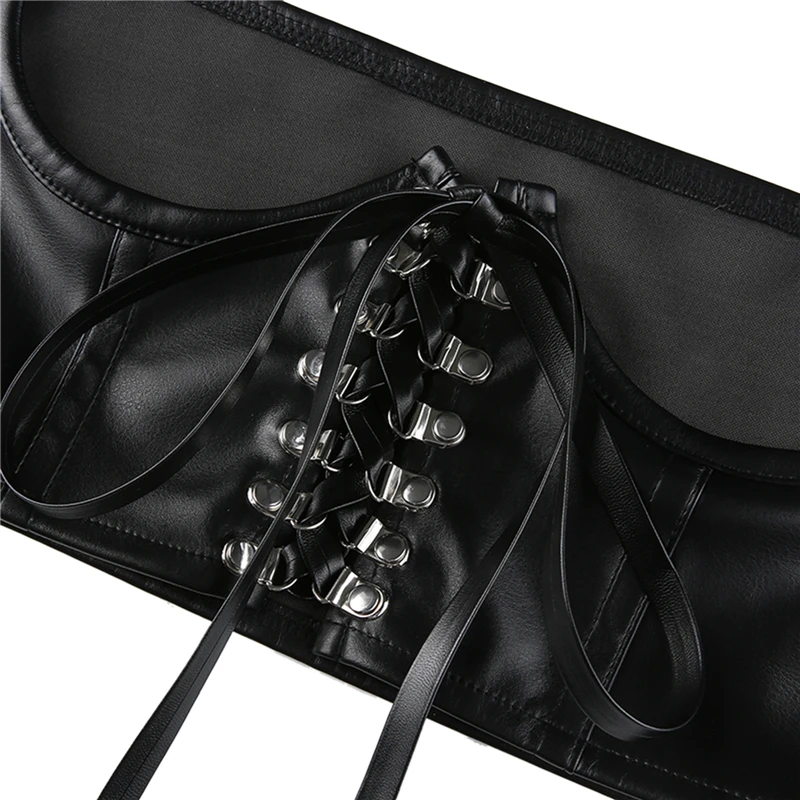 Women Fashion Sexy PU Leather Corset Goth Punk Lace-Up Bandage Black Bustier Streetwear Underbust Support Braces Shaper Top