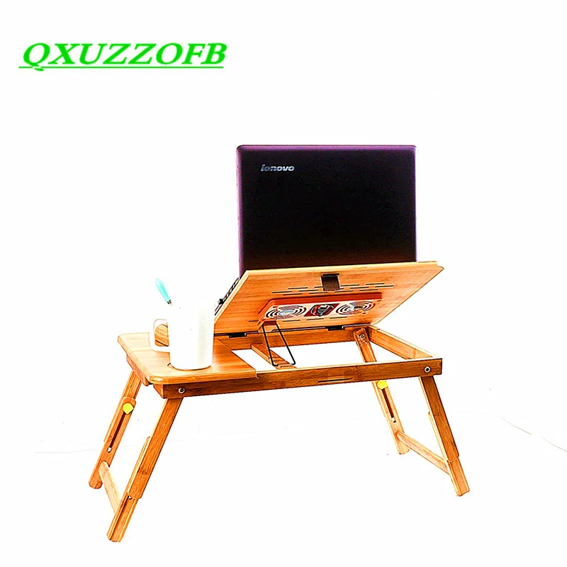 Bamboo Laptop Desk With Cooling Fan Pad Tray Adjustable Portable Folding Lapdesk Notebook Stand For Bed Tablet Business Gifts