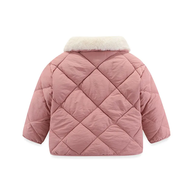 Lattice Rabbit Fur Collar Coat Thick Cotton Jacket Boys Girls Baby Black Warm Overcoat Kids Winter Outdoors Casual Clothes 1-6 Y