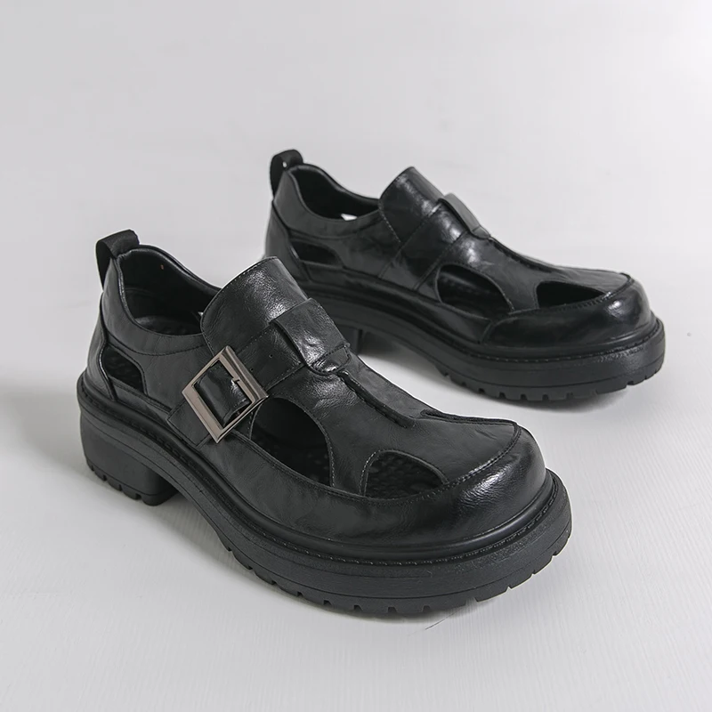 

Vintage Leather Sandals Men Chunky Platform Shoes Summer Closed Toe Hollow Oxfords British Style Metal Buckle Casual Loafers