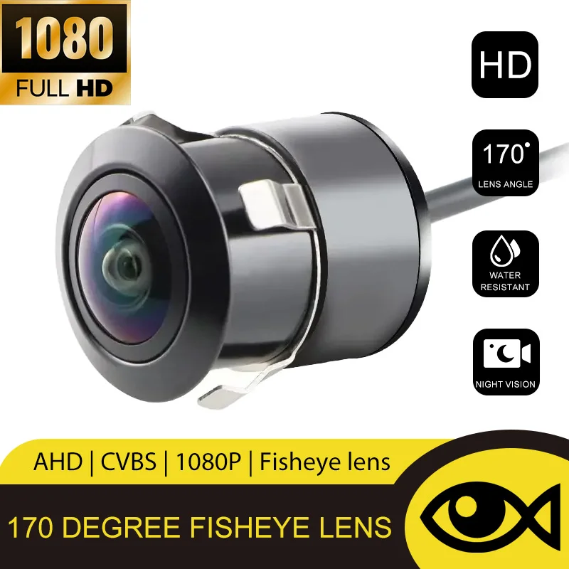 AHD1080P كاميرا الرؤية الأمامية والخلفية للسيارة 170 °   عدسة عين السمكة عالية الدقة للرؤية الليلية للسيارة كاميرا عكسية CVBS