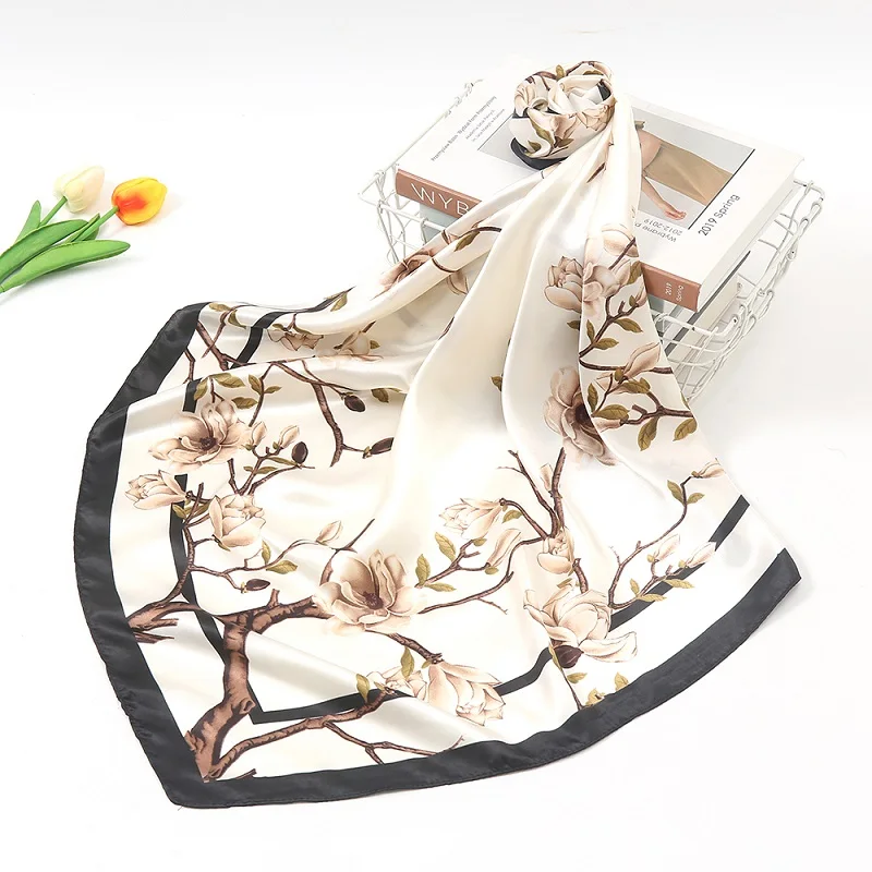 Luxury Floral Print Silk Square Scarf Women Soft Satin Kerchief Hairband Head 2024 Hijab Lady Headband Foulard Bag Ribbon