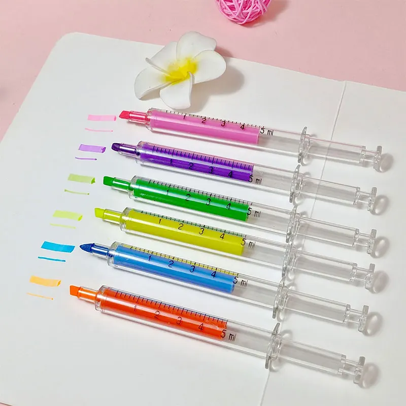 100Pcs Stationery Highlighters Fluorescent Needle Tube Shape Highlighter Marker Nite Writer Pen Creative Syringe Pens