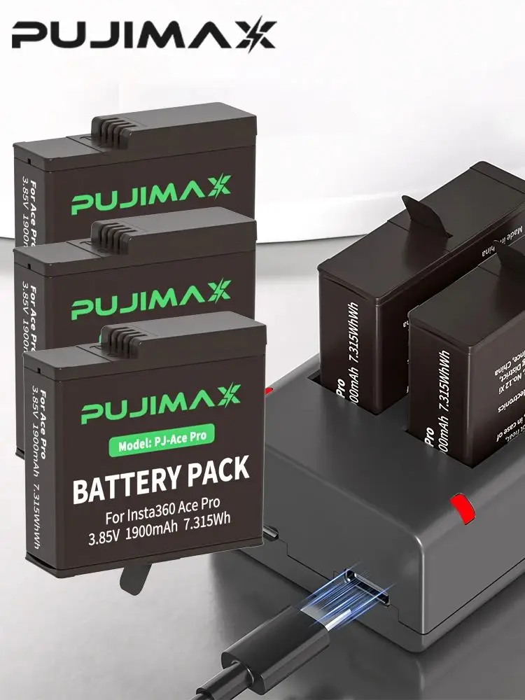 Batterie PUJIMAX 1900mAh pour Insta360 Ace Pro + chargeur 2 emplacements pour batterie Insta360 Ace Pro 2, accessoire pour caméra d'action Insta360 Ace Pro