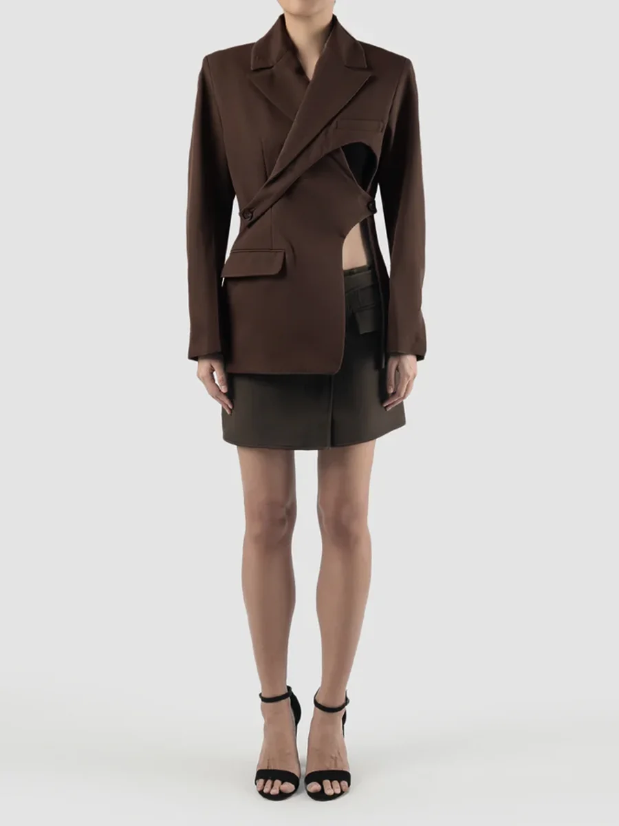 VGH Asymmetrical Hollow Out Chic Blazer For Women Lapel Long Sleeve Patchwork Button Slimming Jackets Female Fashion Style New