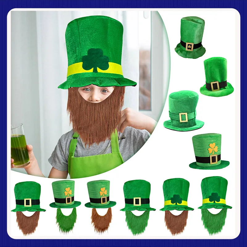 Saint Patricks Day Top Hat Holiday Fake Beard Green Celebration Costume for Irish Festival Birthday Party Decor Supplies