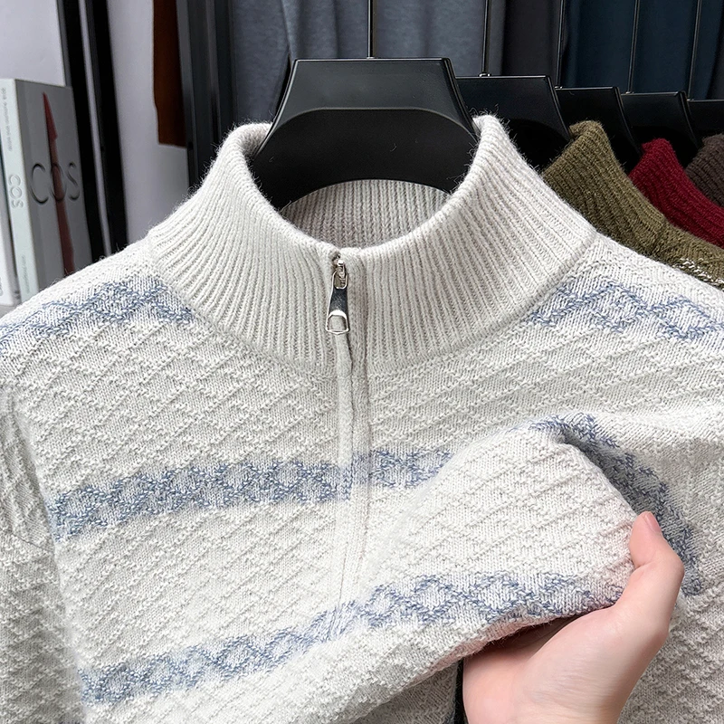 جودة فاخرة رجل طويل الأكمام تريكو رشاقته وهمية الرقبة سستة كابل غرزة غير تشوه بلوفر شتوي الترفيه الرجال القمم #3