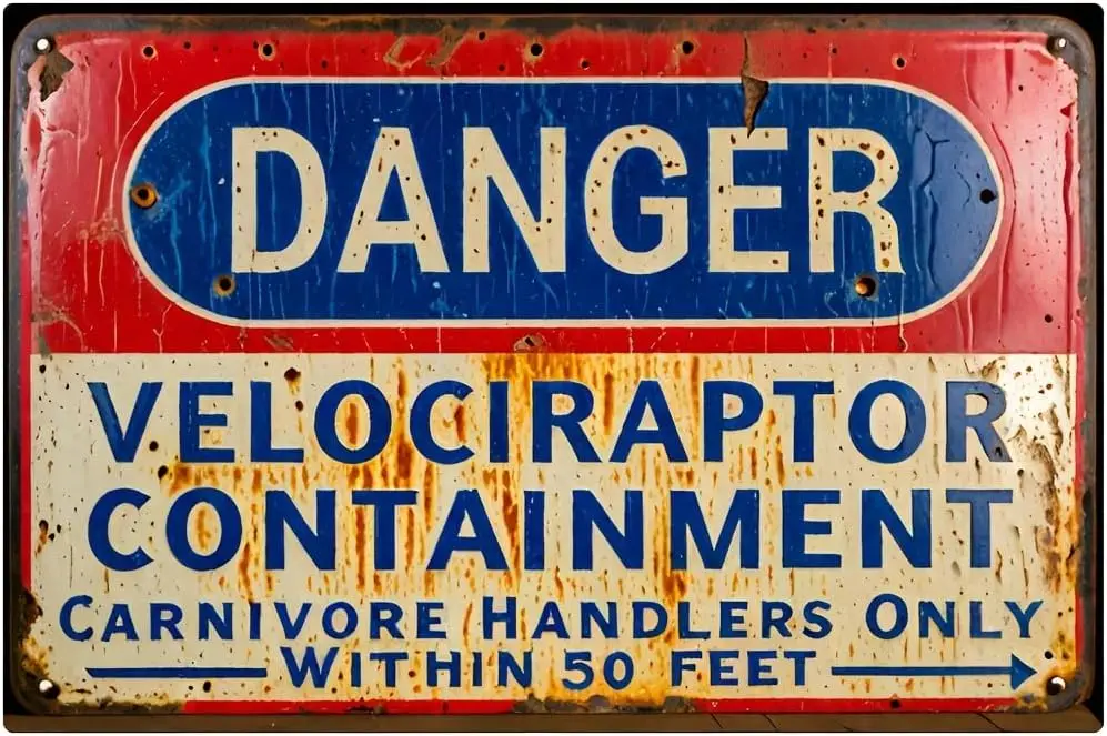Danger Velociraptor Containment Carnivore Handlers Only Within 50 Feet Metal Tin Signs Warning Sign Dinosaur Park Retro Poster V
