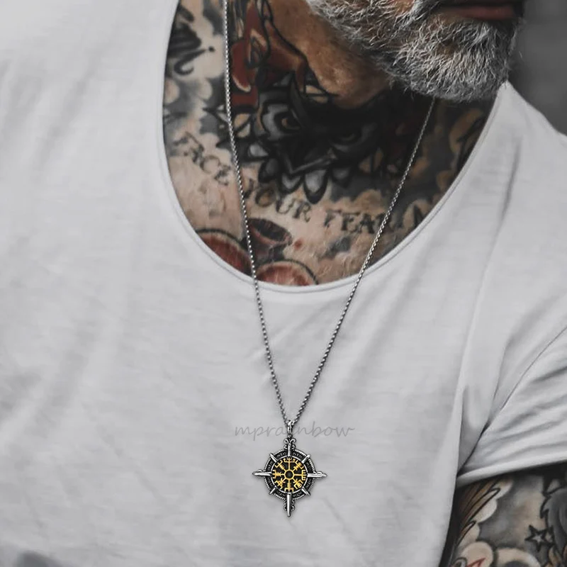 قلادة فايكنغ ، قلادة فيغفيسير نورس رونز كومباس ، سلسلة بدلاية من الفولاذ المقاوم للصدأ تميمة قلادة للرجال ، أساطير نورس