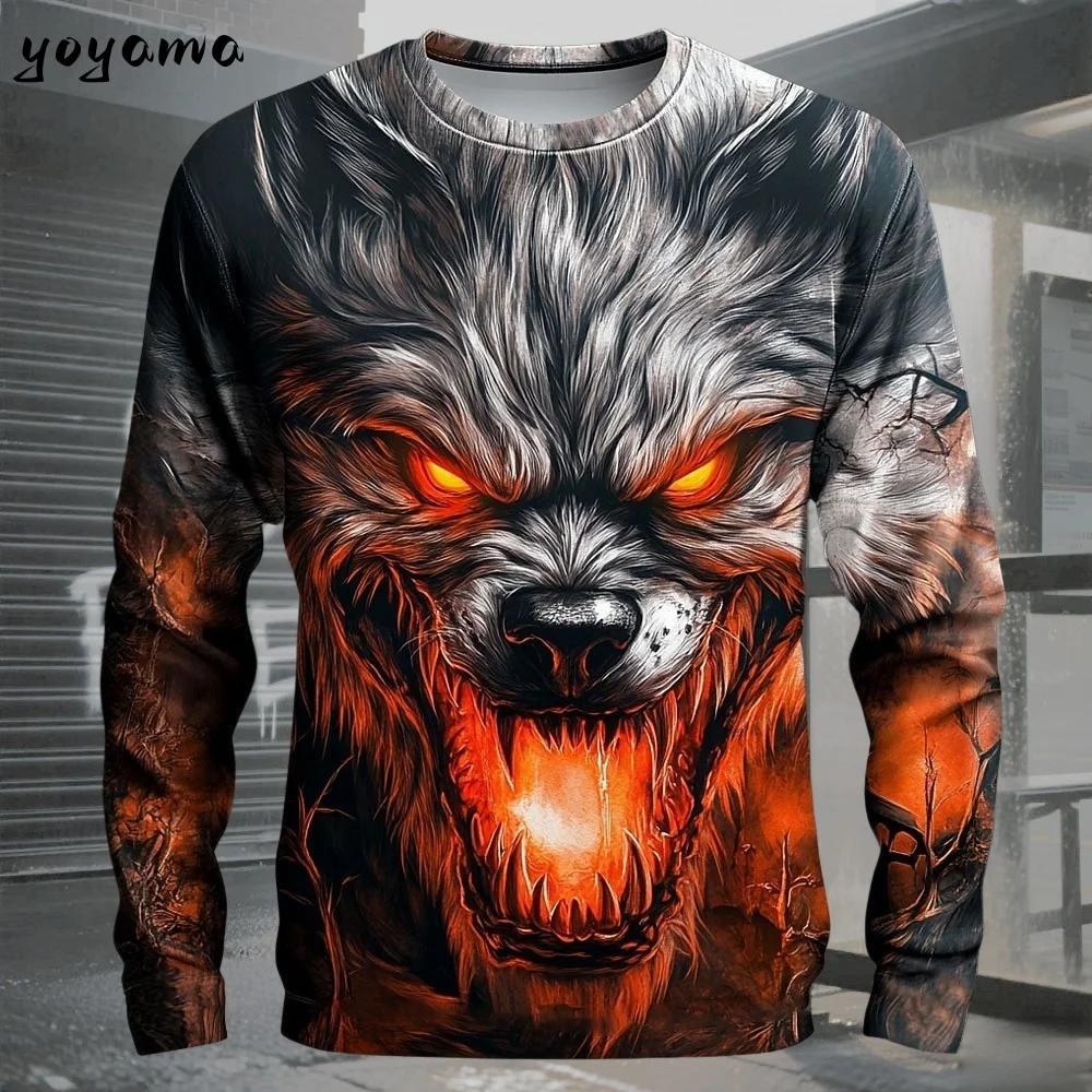 

Fashion Halloween 3D Wolf Printed Long Sleeve T-Shirts for Men Vintage Street Men Top Halloween Casual Men Long Sleeve T-Shirt
