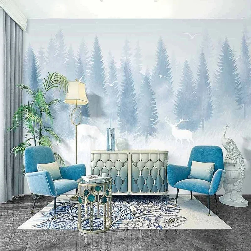 Foto Wallpapers Nordic handgeschilderde Dromerige Sneeuw Cartoon Bos Elanden Muurschildering Woonkamer TV Achtergrond Home Decor Wandbekleding