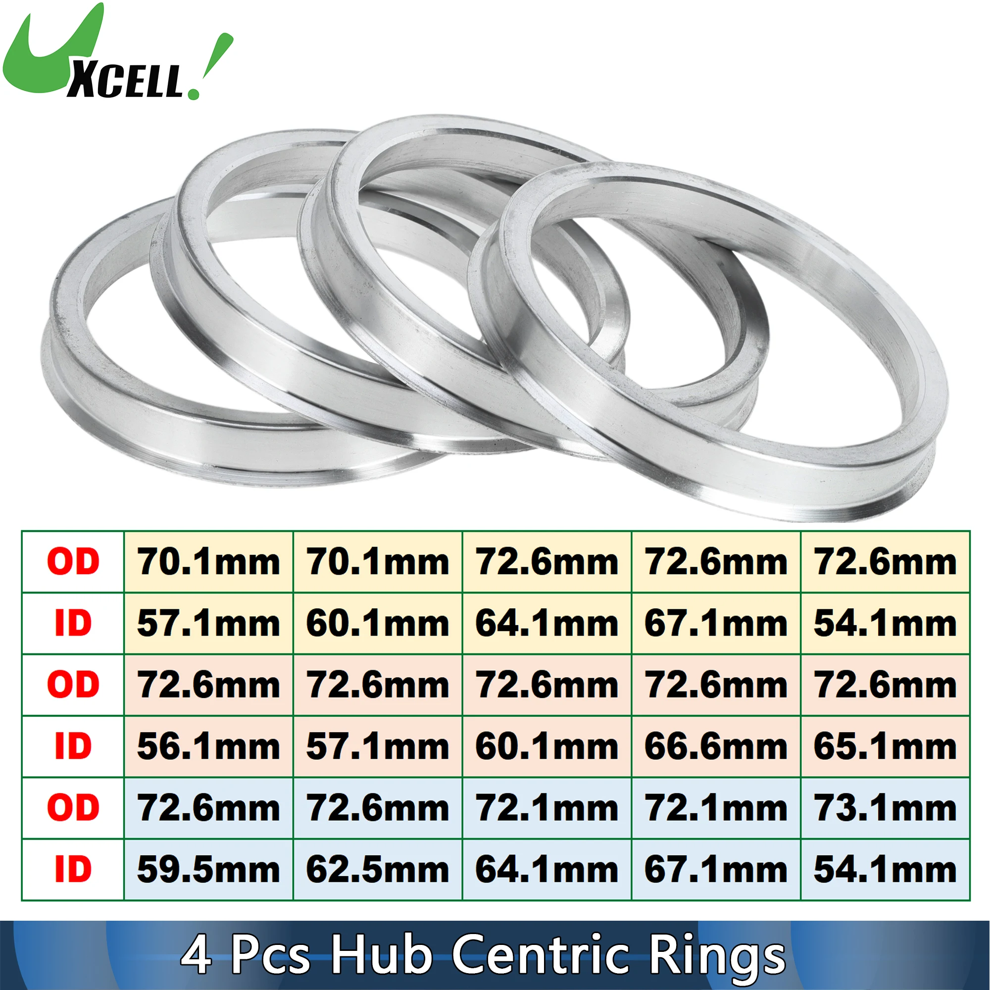 UXCELL 4pcs OD 70.1/72.6/72.1/73.1mm to ID 57.1/60.1/64.1/54.1/66.6/62.5mm Hub Centric Rings Wheel Hubrings Aluminum Alloy