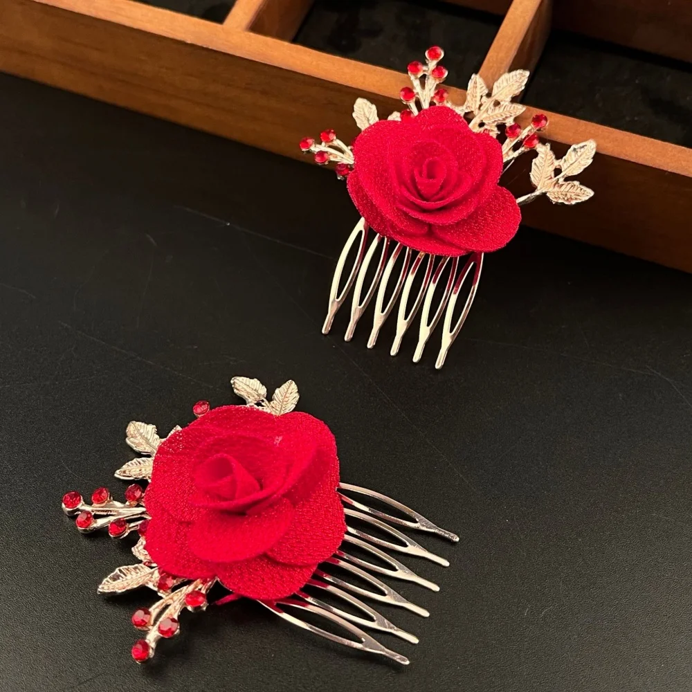 2pcs Wedding Red Rose Hair Combs, Gold Leaf and Rhinestone Design, Ideal for Bride and Bridesmaids Hairstyles