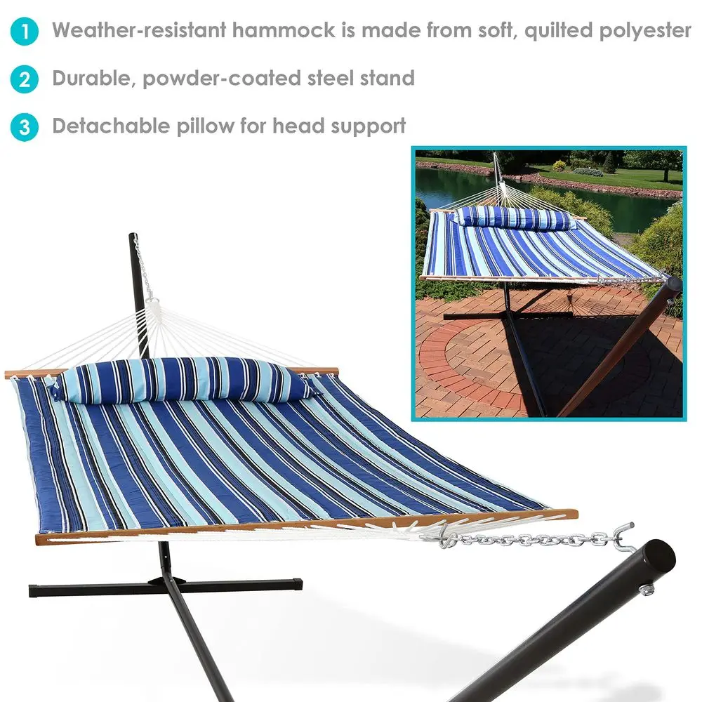 Double Outdoor Hammock with Stand, Catalina Beach 400 lb Capacity Quilted 2 Person Hammock with Stand, Pillow, Chains, amp Hard