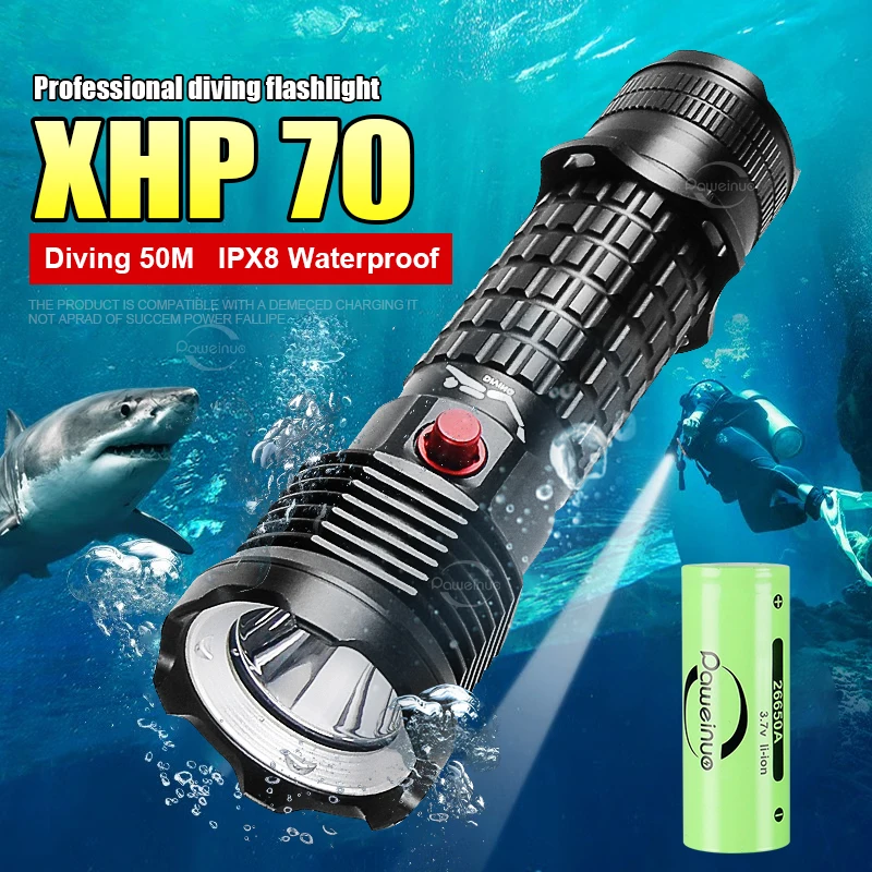 

IPX8 High Power LED Diving Flashlight XHP70 Strong Light Rechargeable Diving Light With Hand Rope 4 Modes Powerful Dive Lantern