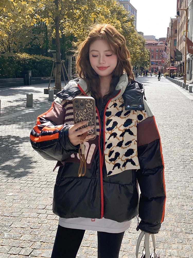 Winter Color Blocking Splicing Hooded Down Jacket Female Warm Thick Cold Proof Jacket Women White Duck Down Loose Parker Outwear