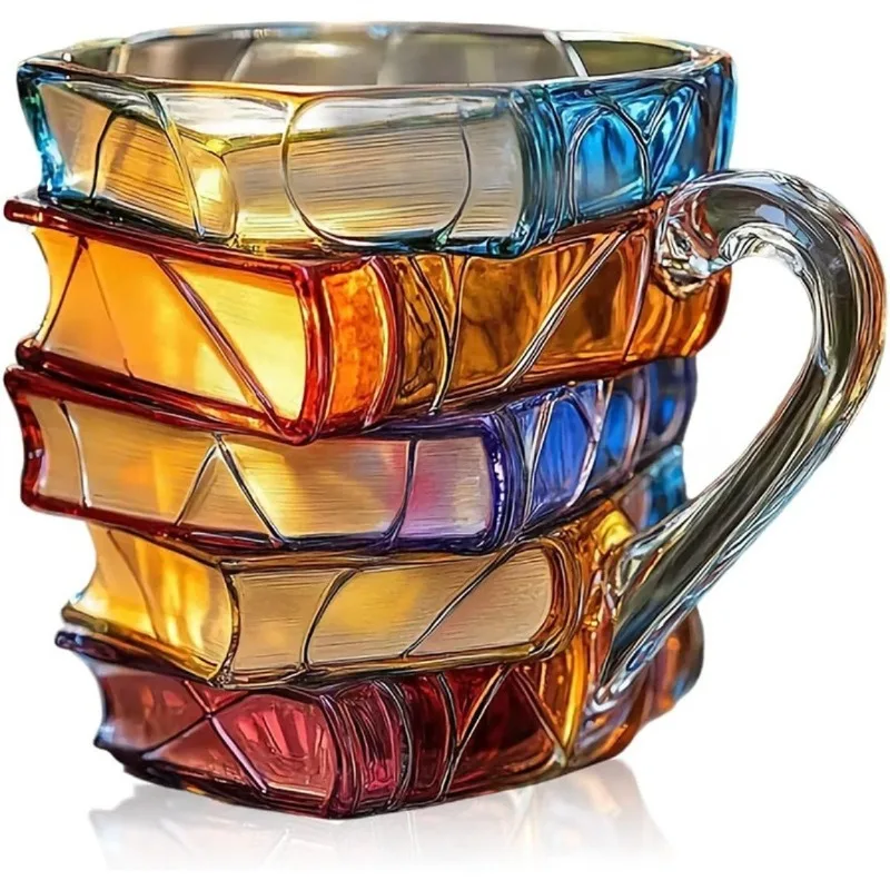 Painted book cup, 3D book coffee cup, book stacking glass ornament handicrafts