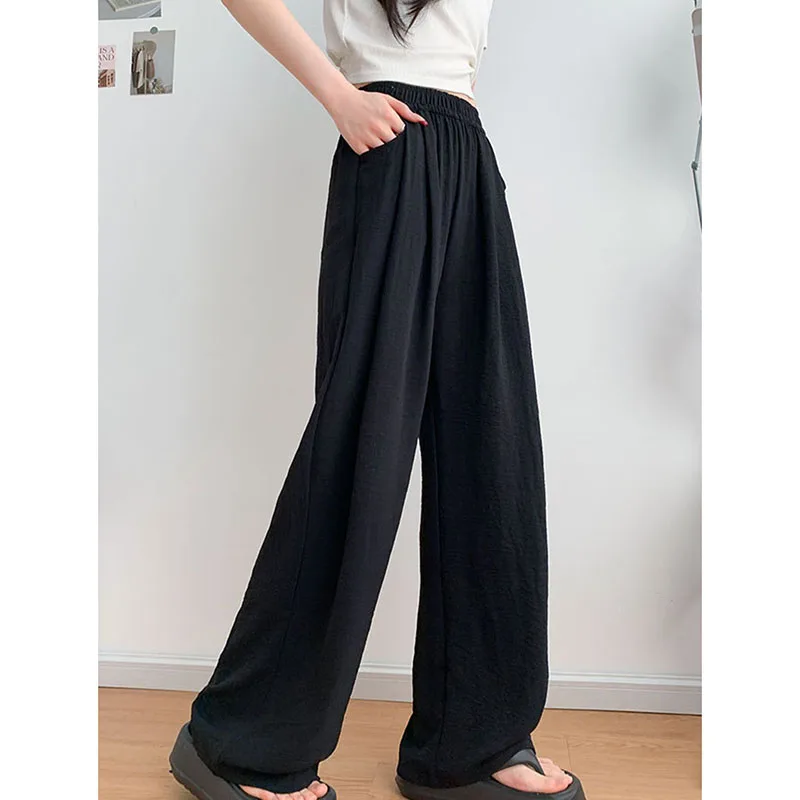 Casual Chic Wide Leg Pants Women Solid Elastic Waist High Waisted Long Trousers Fashion 2026 Spring Summer Streetwear Thin Pants