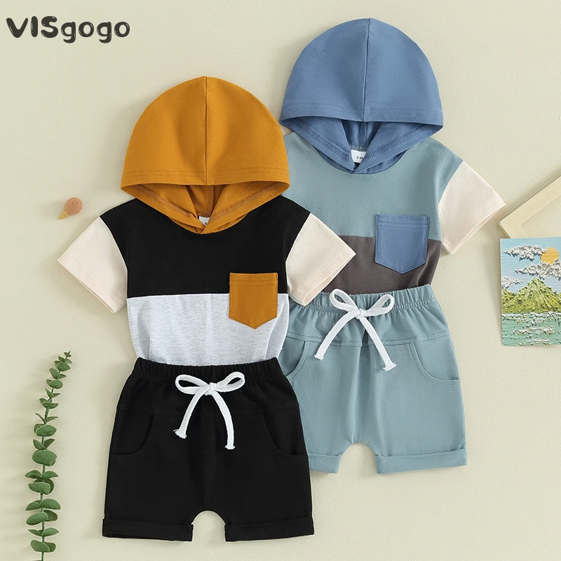 

VISgogo 2 Pcs Toddler Boys Outfits Contrast Color Short Sleeve Hooded T-Shirt and Elastic Waist Shorts for Summer Clothes Set