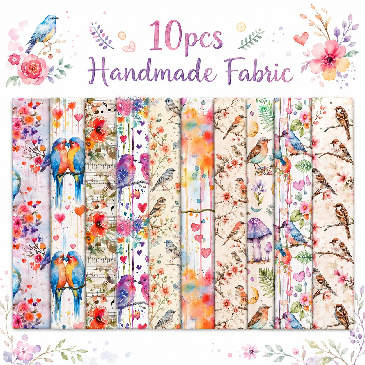 10pcs Bird Jelly Roll Fabric Strips 2.5X19.7inch Pre-cut 100% Polyester for Patchwork Quilts, Table Runners, Placemats