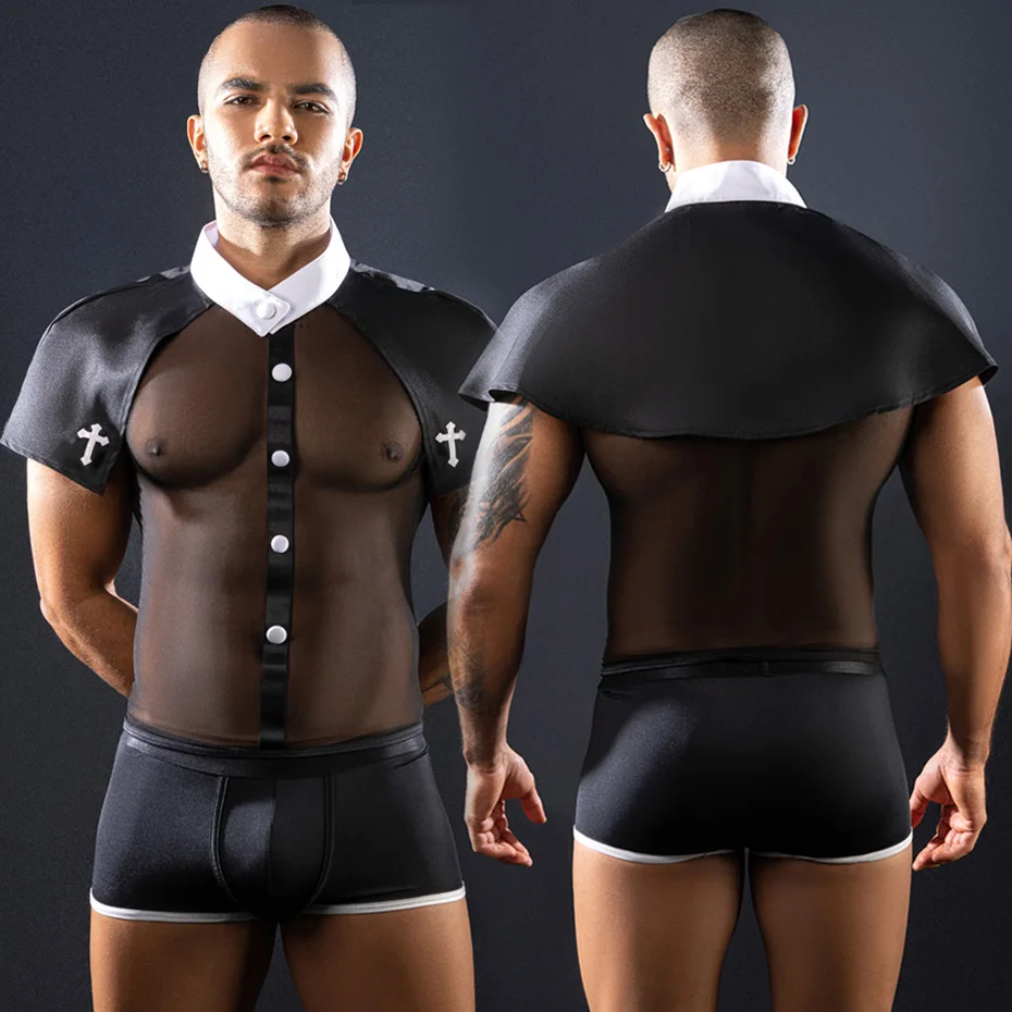 

JSY Sexy Priest Uniform Cosplay Lingerie Men Underwear Black Bodysuit Nightwear Erotic Lingerie Costumes Sexy Role Play Outfit