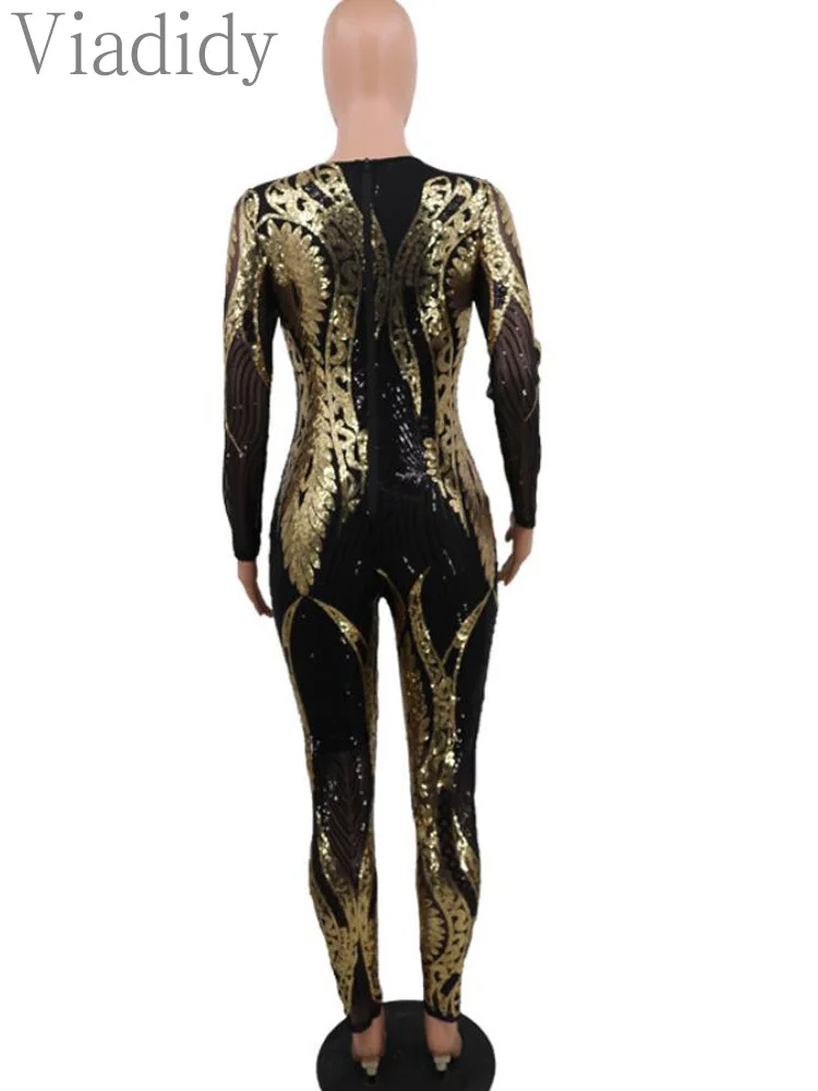 Women Sexy Sheer Mesh Patchwork Sequin Decor Bodycon Jumpsuit