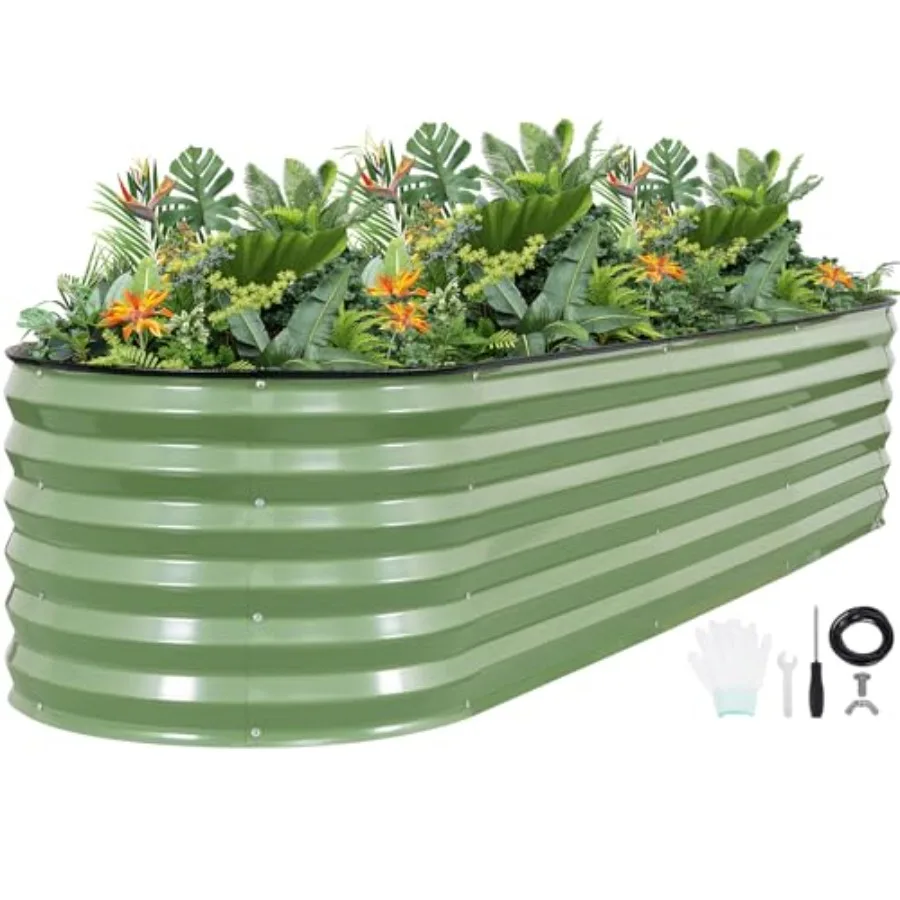

Raised Garden Beds - 8x2x1.4ft Galvanized Planter Boxes Kit with Protective Tape and Gloves and Tools Oval Metal Outdoor Raised