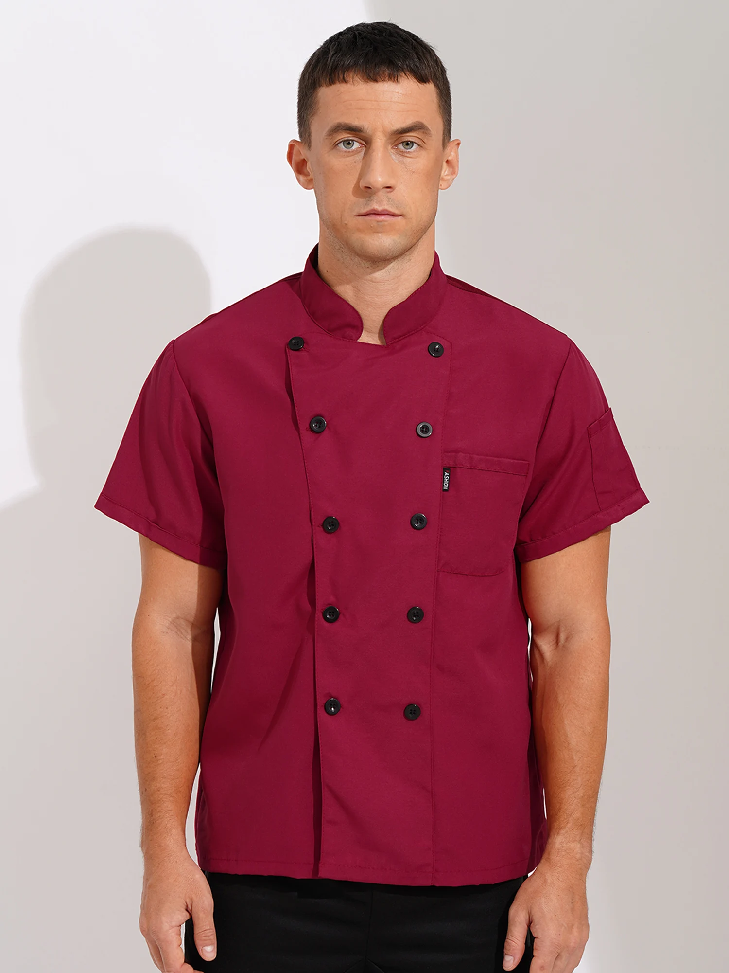 Uniforme de cuisinier de Restaurant de cantine pour hommes et femmes, veste de Chef à manches courtes, col montant, manteau de Chef de restauration d'hôtel, chemise de travail, vêtements de travail