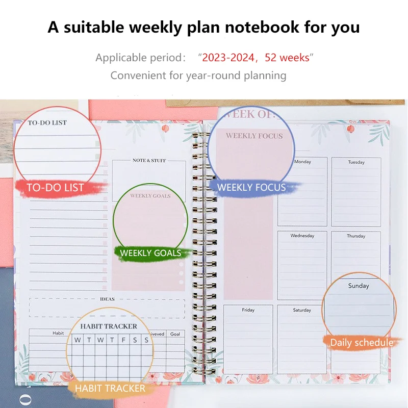 1Pcs A5 Flower Cactus Cover Weekly Plan Notebook 54 Sheets For Daily Schedule To-do List Travel Habits Office School Supplies