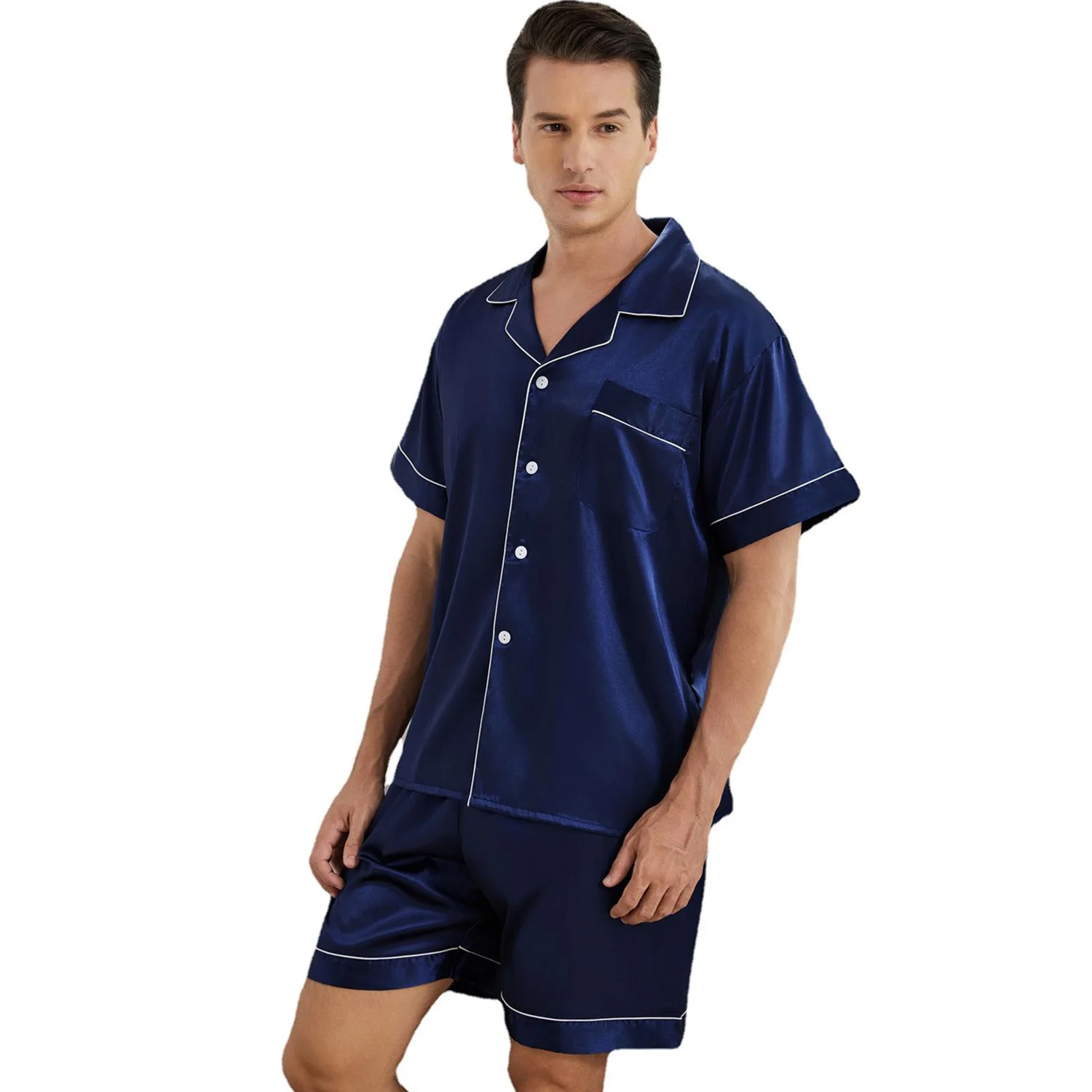 

Men Satin Short Sleeve Pajama Set Summer Set Sleepwear for Man Button-Down Shirt Elastic Waist Shorts Home Clothes 2 Piece
