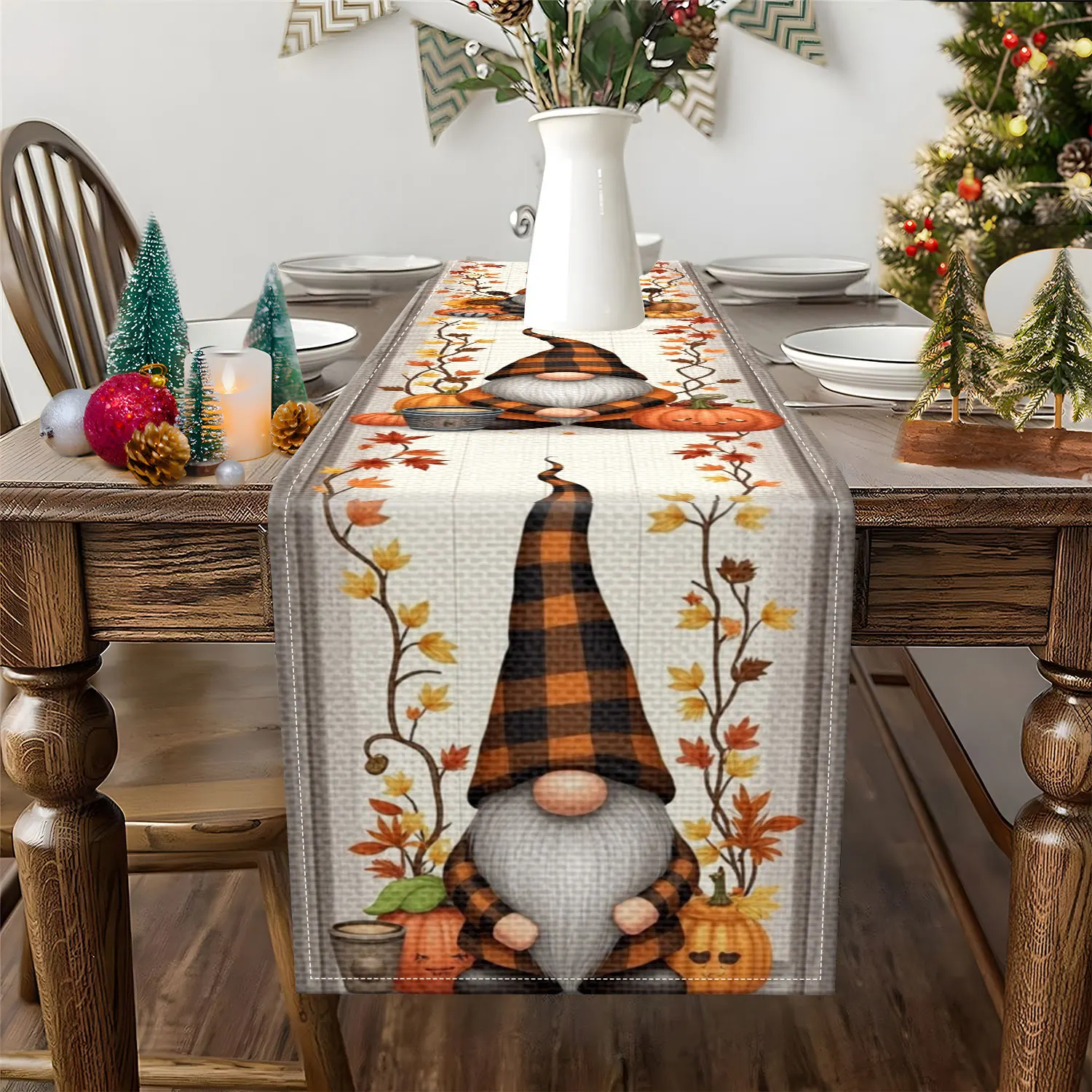 1 Piece of Autumn-Themed Table Runner, Decorated with Plaid Hat Elves, Pumpkins, and Autumn Leaves, Suitable for Autumn and Thanksgiving Decorations