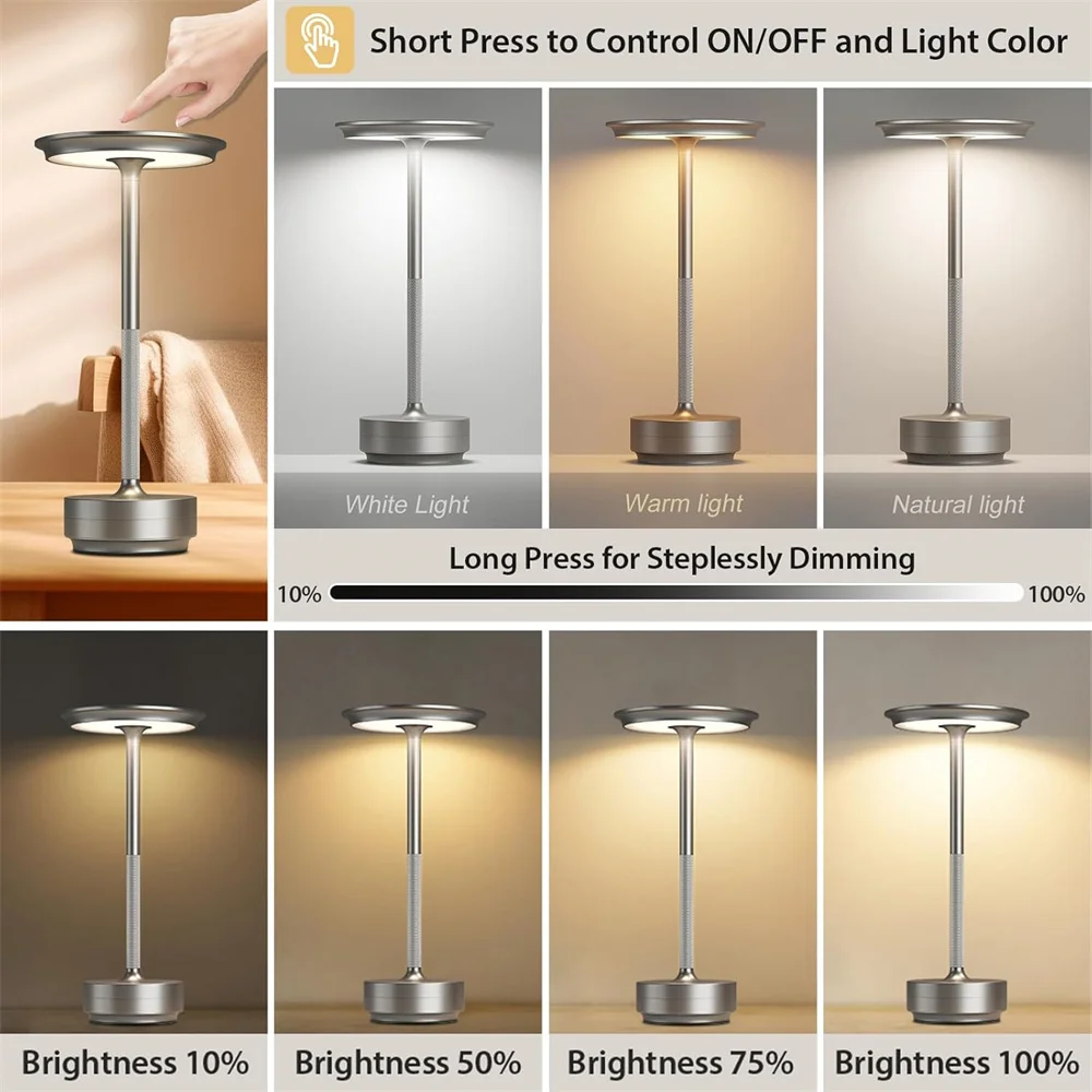 Lampada da tavolo a LED senza fili DC5V Lampada da comodino in metallo ricaricabile USB Sensore tattile e luminosità dimmerabile per studio/caffè/bar