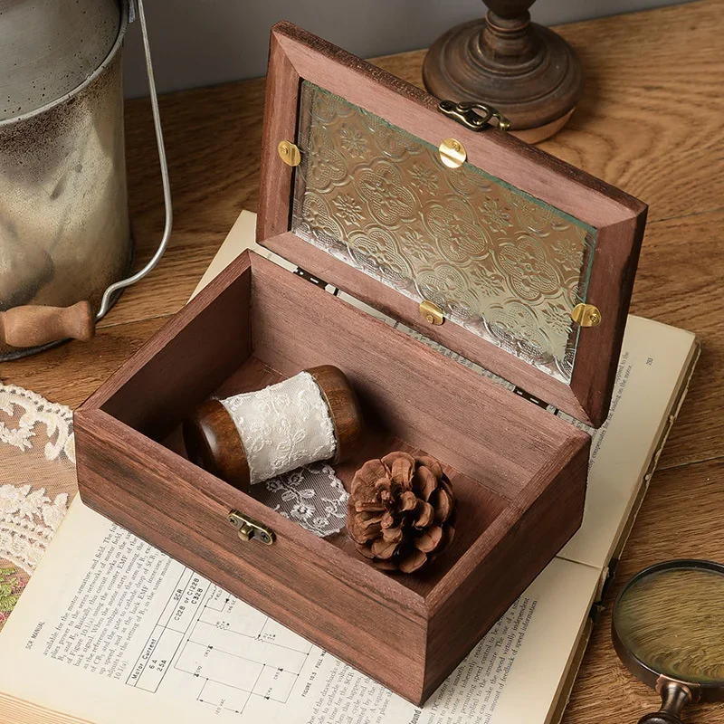 Wooden Chinese Crabapple Flower Glass Retro Storage Box Household Documents Jewelry Organizer Nordic Wind Desktop Makeup Cases