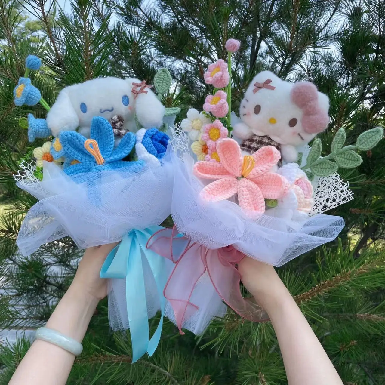 Cartoon My Melody Kuromi Cinnamoroll Kt Cat Plush Doll Holding Flower Bouquet Valentine's Day Christmas Graduation Birthday Gift