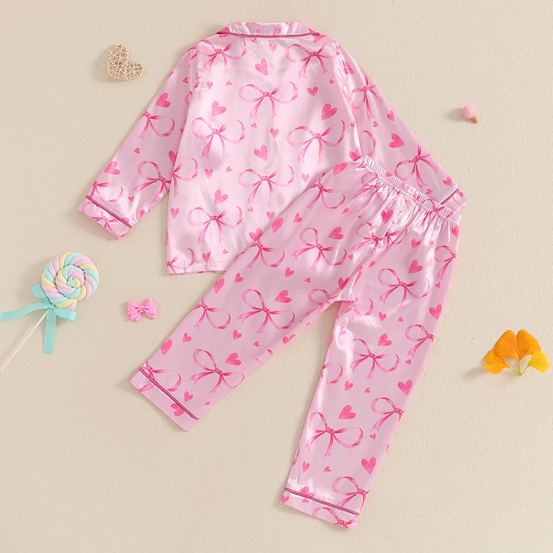 Conjunto de pijamas para niñas de 3 a 7 años, camisa de manga larga con estampado de lazo de corazón y pantalones elásticos, 2 piezas para ropa de dormir