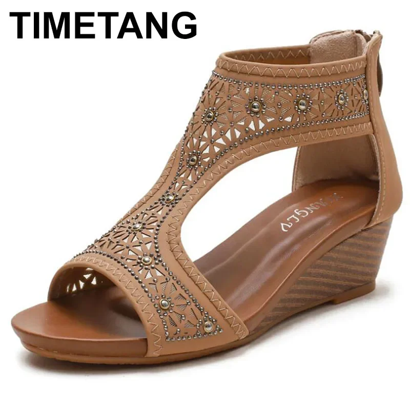 TIMETANGSummer Women Premium Orthopedic Open Toe Sandals Vintage Anti-slip Breathable Leather Casual Female Platform Retro Shoes