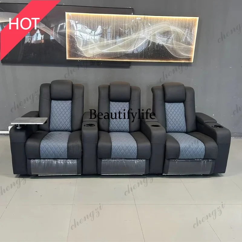 A49 Power Reclining Home Theater Sofa – Dual Motors Genuine Leather Electric Recliner with Massage, USB, Refridgeration Cup Hold