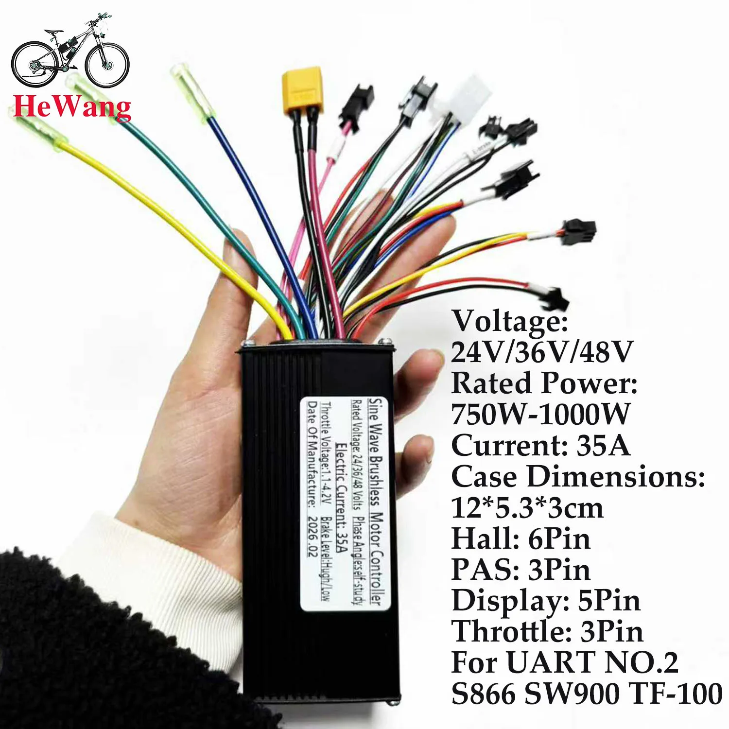 24V/36V/48V E-bike Sine Wave Controller Self-learn 750W/1000W 6 Pin Hall 35A 3-mode for UART NO.2 S866 SW900 Display E-scooter