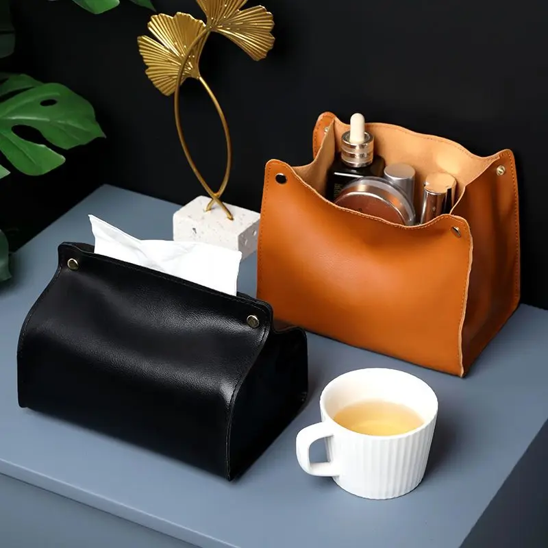 Creative Leather Tissue Box Home Solid Color Napkin Storage Bag Household Living Room Dining Room Desktop Decoration DrawerLE826