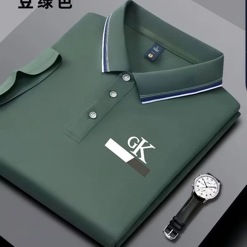 2026 Neues Herren-Poloshirt mit Streifen, gestreifter Kragen mit GK-Buchstaben-Print, knitterarmes, atmungsaktives Oberteil