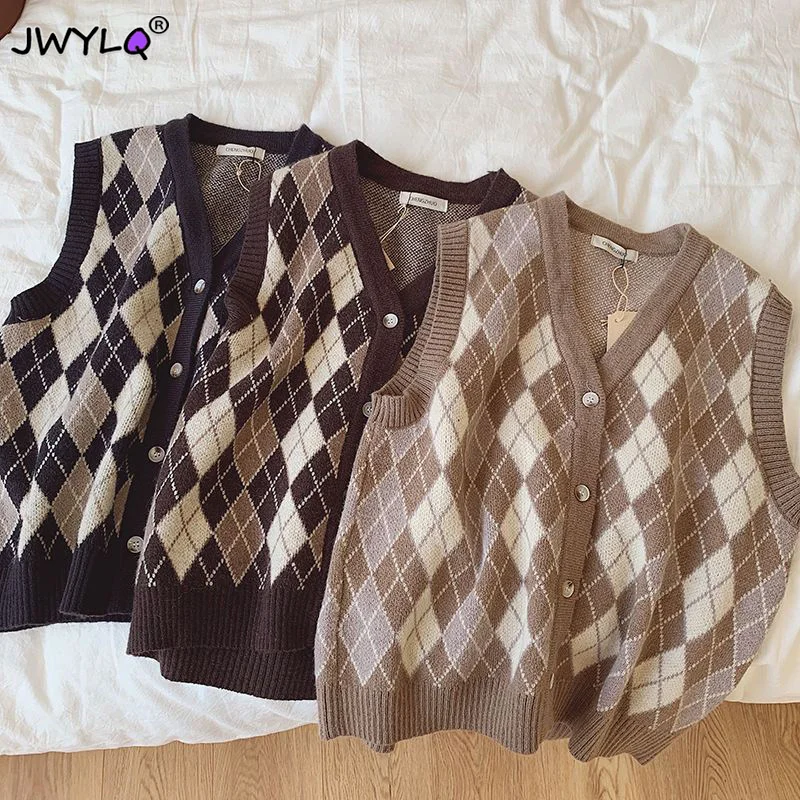 

Vintage Plaid Oversized Sweater V Neck Vest Women Korean Fashion Single Breasted Ulzzang Simple Jumper Classic Sleeveles Sweater