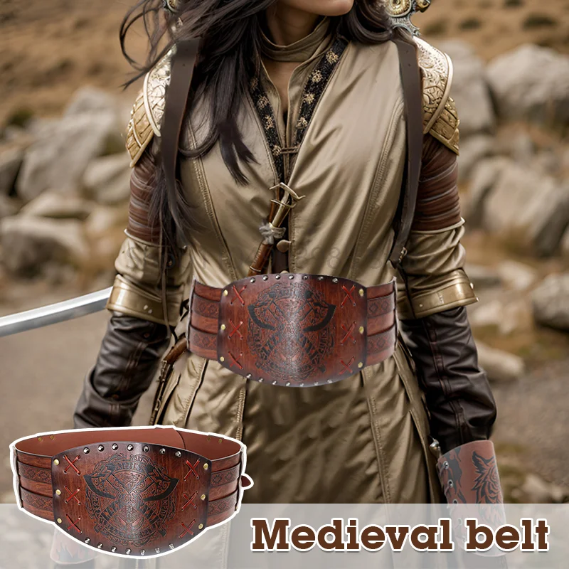 

Medieval Viking Knight Warrior Belt Retro Embossed PU Waistband Renaissance Knight PU Leather Buckle Waist Belt Cosplay Props